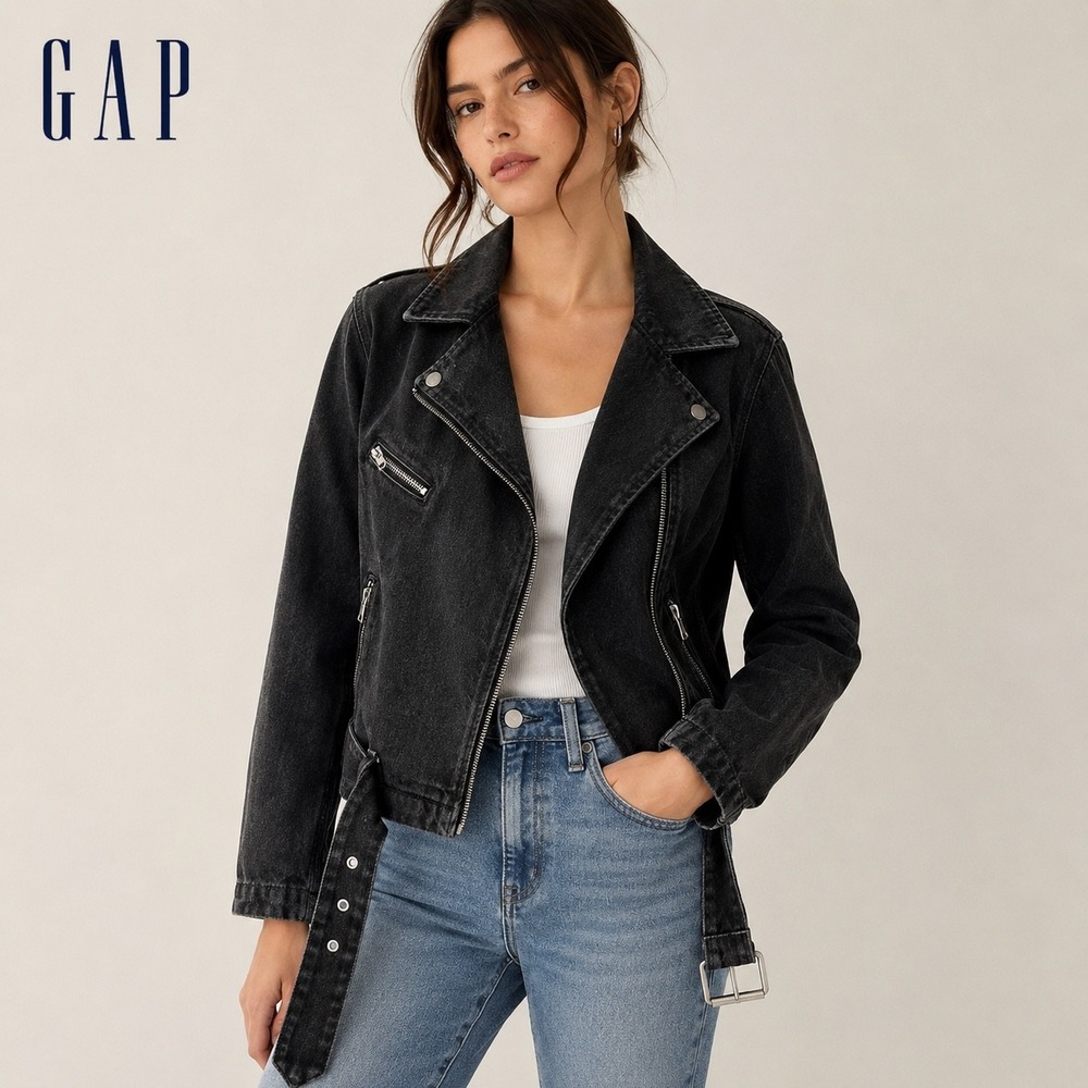 Gap Jean Jacket Denim Moto Biker Jacket Belted Size M
